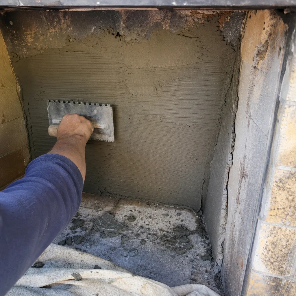Worker applying mortar to a fireplace hearth with a notched trowel