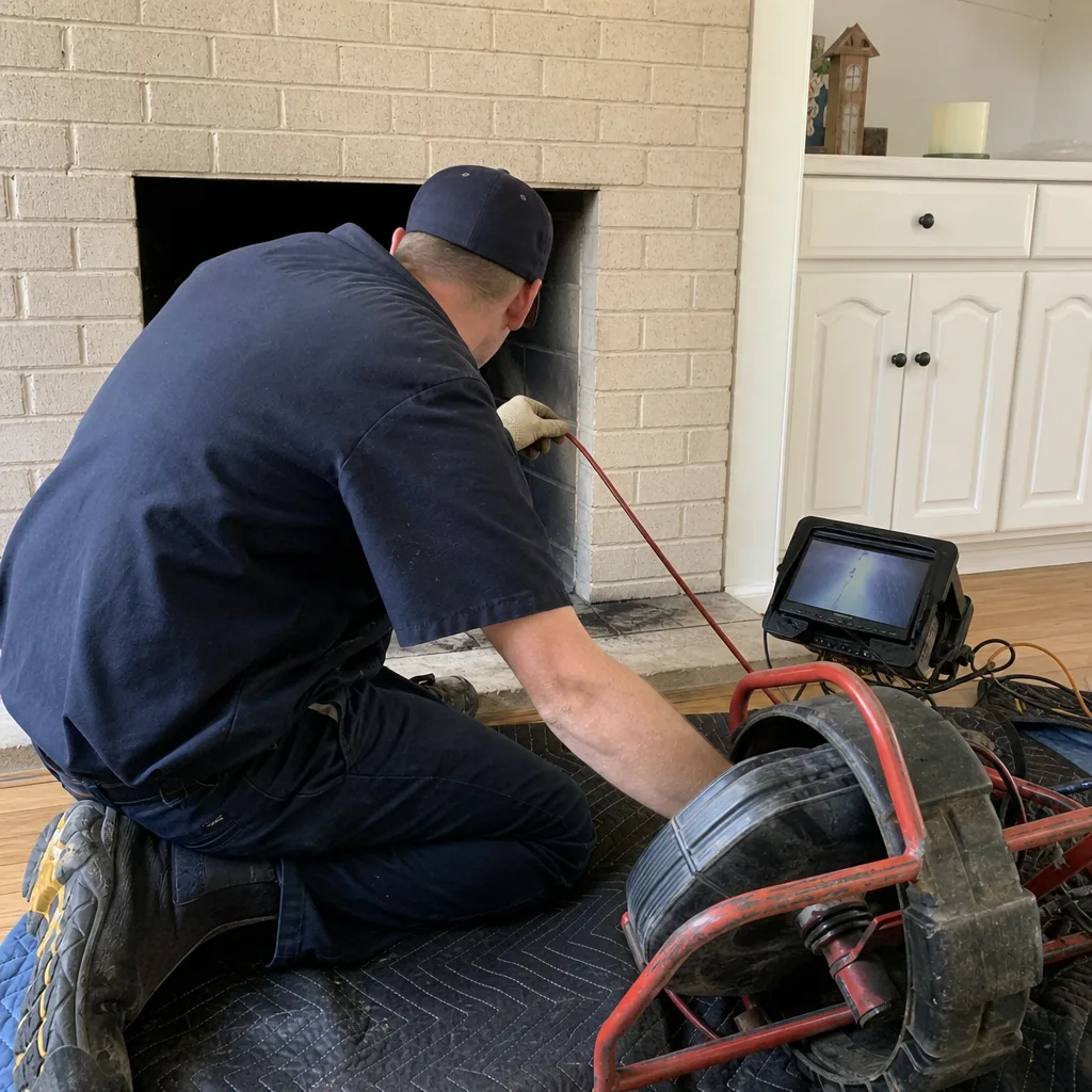 Technician performing a professional fireplace and chimney inspection with camera equipment